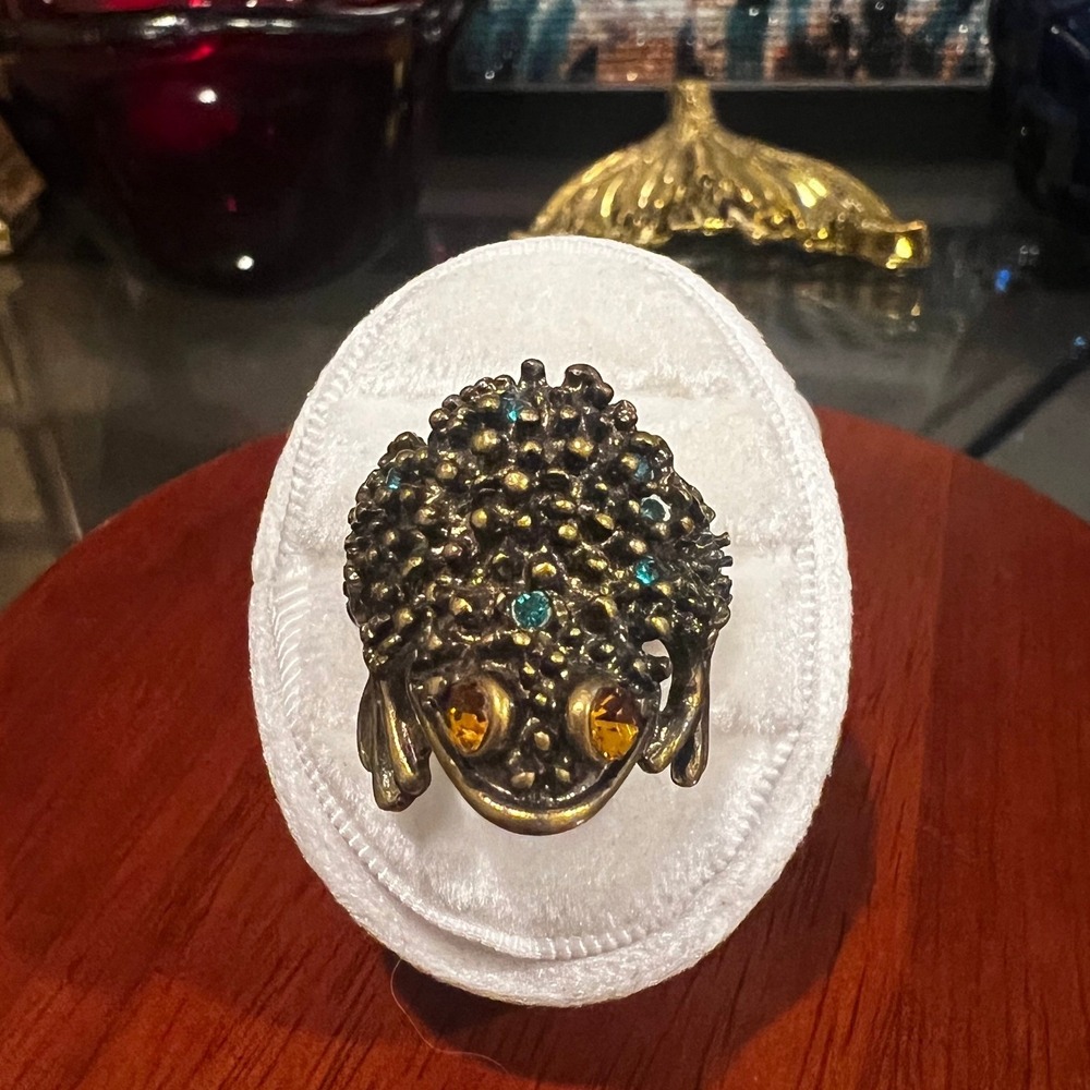 Vtg Bronze Tone Frog Toad Ring Amber Crystal Eyes Teal Accents Statement Sz 8.5